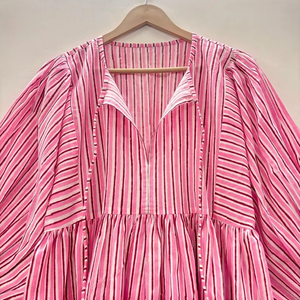 Vestido Casual Midi de Algodón Tejido con Estampado Floral para Mujer, Mangas Abullonadas, Cintura Imperio, Estilo Babydoll, Cuello en V, Corte Holgado - Product Image 4