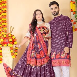 Latest Navratri Couple Collection Premium Lehenga Choli And <b>Men</b> Muslin Cotton <b>Kurta</b> Pant Wholesale Rate By Royal Exports - Product Image 3