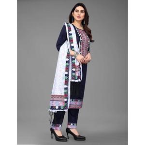 Attrayant magique coton imprimé dentelle travail femmes ensemble haut bas Dupatta en bleu - Product Image 1