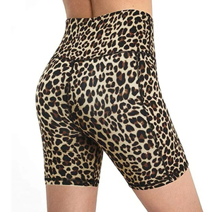 Shorts de yoga taille haute imprimé léopard tendance avec poches, en tissu tricoté respirant en coton et élasthanne, séchage rapide, pour femme, avec volants - Product Image 3