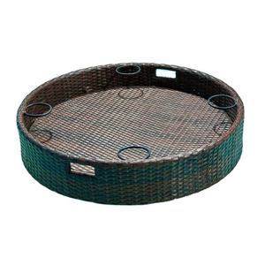 Plateau rond en rotin brun foncé, fait main, avec porte-gobelets intégrés et poignées latérales pour l'aménagement d'un bar extérieur - Product Image 1