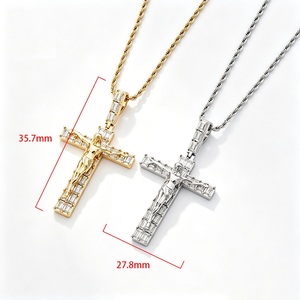 <b>Mens</b> 925 Silver Moissanite Cross Pendant <b>Rope</b> <b>Chain</b> Necklace Iced Baguette Religious Statement Jewellery Gift for <b>Men</b> - Product Image 1