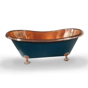 Bañera de Cobre de Estilo Antiguo con Exterior Azul Verdoso y Patas de Cobre Sólido para Interiores de Primera Calidad - Product Image 5