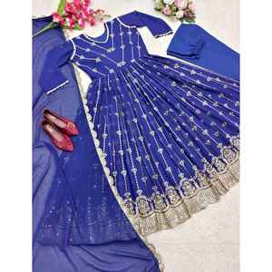 DISEÑADOR GEORGETTE BORDADO SECUENCIA TRABAJO VESTIDO INFERIOR CON DUPATTA AZUL - Product Image 1