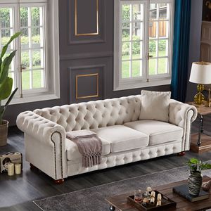 Divano Chesterfield in Tessuto di Lino Beige per Soggiorno - Product Image 3