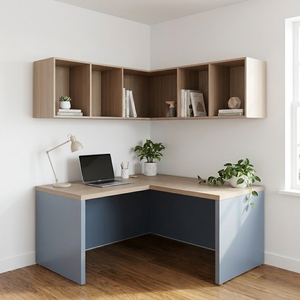 Bureau de direction moderne en forme de L avec armoire d'angle murale, étagères de rangement ouvertes, bicolore gris et chêne naturel, poste de travail - Product Image 2