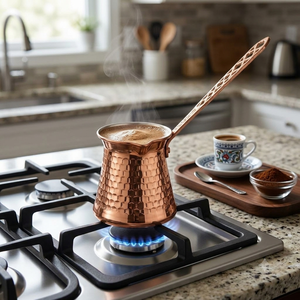 Cafetera Turca Cezve Briki de Cobre Puro Martillado Artesanal al por Mayor, con Revestimiento de Estaño para Estufa y Mango Largo - Product Image 5