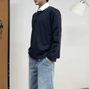 Polo à manches longues pour homme, coupe décontractée, col contrastant, quart de zip, couleur unie, doux, respirant, décontracté, pour tous les jours - Product Image 4