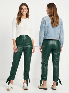 Vêtements de bureau sur mesure en cuir PU, pantalon droit streetwear taille haute avec détail de lien à la cheville, décontracté, écologique, coupe-vent - Product Image 2