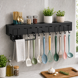 Wall-mounted Holder Rack with Towel Hanger Multipurpose Kitchen Organizer Rack, Wall <b>Shelves</b> for Bedroom, Home & Garden Storage - Product Image 1
