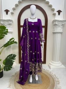 TENNECY Women Digital Silk Embroidery Zari Sequins-work Premium Readymade Wrinkle-Free Reversible <b>Ankle</b>-Length Diwali Party - Product Image 3