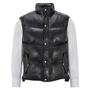 <b>Men's</b> <b>Black</b> Genuine Leather Stand Collar Puffer <b>Vest</b> With Zipper Closure Windproof Casual Winter Outerwear - Product Image 4