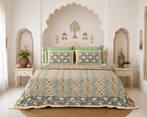 100% Cotton Screen Printed <b>Quilt</b> Bedding Set Reversible Floral Printed Blanket Set for Home Hotel <b>Winter</b> Use - Product Image 2