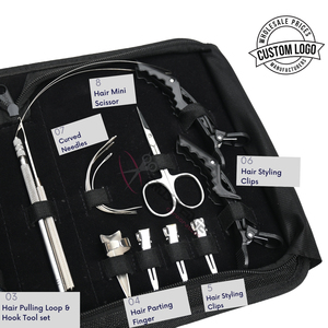 Professional Hair Extension Tools Kit with Hair Clamps Hair Divider Ring Weft Needles Mini Scissors Tape in plier & crimper - Product Image 4