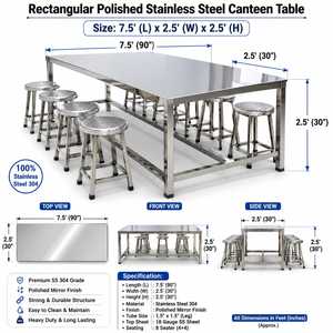 Nouvelle table de salle à manger et banc en acier inoxydable robuste et moderne pour hôtels, cafétérias commerciales, écoles, universités et auberges - Product Image 2