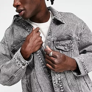 Street Style Chinese OEM Factory Grey Plus Size Custom Canada Goos Jacket Denim <b>Coloured</b> Men Jean Jacket - Product Image 4