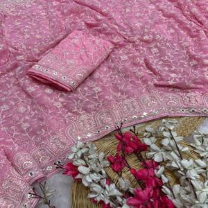 Sari VASTRA COTTAGE Premium de Georgette con Bordado Floral de Hilo Pesado, Detalles de Lentejuelas y Borde Calado Festoneado - Product Image 4