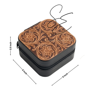 Western Luxury Travel Jewelry Box for Women with Floral Tooled Leather Design Portable Zipper Jewelry Organizer Case with <b>Mirror</b> - Product Image 2