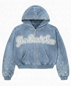 Sweat à capuche vintage Y2K personnalisé OEM, coupe oversize, finition délavée et fermeture éclair avec motif brodé. - Product Image 5