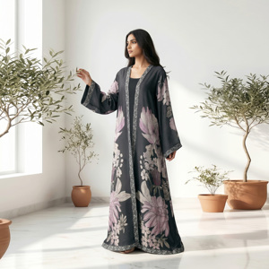 BSY Pattern Open Front Breathable Abaya Arabic Modest Islamic Floor Length <b>Long</b> Sleeve Muslim Prayer & Party Apparel - Product Image 5