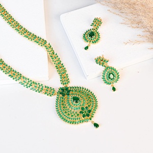 Wholesale Price Emerald Green Long Haram <b>Necklace</b> Set 22K Gold Plated Bridal Long <b>Necklace</b> with Earrings Wedding Gift - Product Image 2