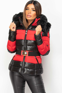 Veste matelassée rayée rouge et noire pour femme, hiver, à capuche, avec bordure en fourrure, fermeture éclair, courte, imperméable, coupe-vent, en toile, pour l'extérieur - Product Image 5