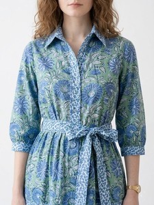 Handmade <b>Block</b> <b>Printed</b> Long Sleeve Shirt Dress - 100% Cotton Resort Wear, party wear dress for women. - Product Image 2
