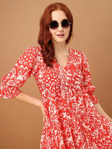 Elegant Floral Print Chiffon Gathered Pleated Formal Midi Dress Women Puff Sleeve V-neck Breathable Summer Party Dress - Product Image 4