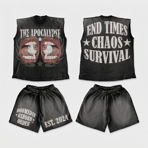 280 GSM Heavyweight Cotton French Terry Washed Black Sleeveless Tee Shorts DTG Logo Men Sleeveless shirt and Shorts <b>Set</b> - Product Image 5