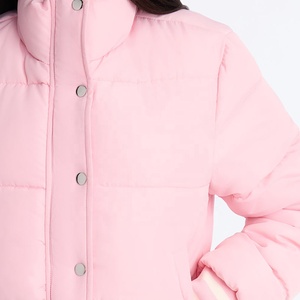 <b>Women's</b> Winter <b>Pink</b> Quilted <b>Jacket</b> Stand Collar Full Sleeve Thick Polyester Wadding Solid Color Button Closure Short <b>Jacket</b> - Product Image 3