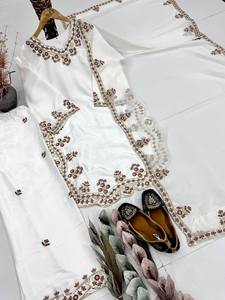 White Embroidered Salwar Kameez Set Long Sleeve Top Palazzo Pants <b>Shawl</b> for <b>Wedding</b> Festival Indian Pakistani Wear - Product Image 3