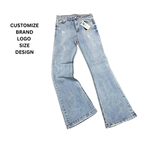 Clothing Women Fashion <b>Vintage</b> Dark Denim Jeans Flared Bell Bottom Custom Brand Distressed Rip High Rise Wash <b>Trouser</b> Woman Pant - Product Image 3