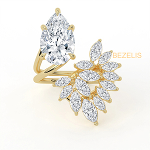 Bague en or rose 18 carats avec diamant de laboratoire taille poire, motif feuille de marquise en grappe, style naturel et botanique - Product Image 4