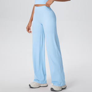 High Waist Full Length Flared Leg Yoga Pants Solid Color Seamless Stretch Elastic Waist Women's <b>Leggings</b> - Product Image 4