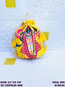 Shreenathji Printed Satin Potli <b>Bag</b> with Pearl Lace | <b>Drawstring</b> Ethnic Wedding Return Gift Pouch for Women - Product Image 4