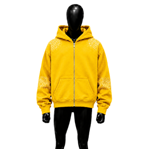 Sudadera con capucha amarilla para hombre con cremallera y pedrería, de ajuste regular, forro polar estampado, hombros caídos, cómoda y acogedora, estilo moderno y sencillo. - Product Image 1