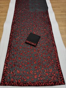 2026 Luxury Black <b>Red</b> Floral Sequin Net Faux Georgette <b>Saree</b> for Women Summer Designer Party Wear Wedding Reception Cocktail - Product Image 5