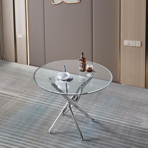 Tavolo da Pranzo Contemporaneo in Vetro Temperato Trasparente con Gambe in Acciaio Inossidabile Finitura Argento, Tavoli da Pranzo Rotondi Contemporanei - Product Image 2