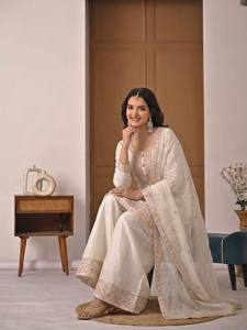 Women's Ivory Embroidered Modern Pakistani Summer/Winter Ethnic Party Wear Salwar Kameez Set with Organza Dupatta - Product Image 4
