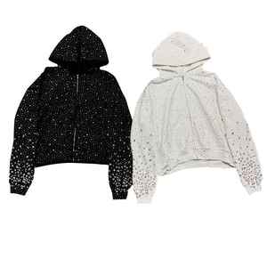 เสื้อฮู้ดซิปเต็มตัวแบบวินเทจลายจุดประดับเพชรเทียม  โลโก้ด้านหน้าแบบกำหนดเอง  ทรงหลวม  ผ้าถักผสมโพลีเอสเตอร์/คอตตอน  สำหรับฤดูหนาว  รับผลิตแบบ OEM - Product Image 6