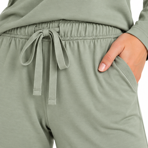 Women's Sage Green <b>Lounge</b> <b>Set</b> Long Sleeve Henley Top Drawstring Straight Leg Pants Casual <b>Two</b> <b>Piece</b> Pajama <b>Set</b> Wholesale OEM B2B - Product Image 5