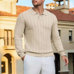 <b>Men's</b> Knitted <b>Long</b> Sleeve Polo Sweater Solid Color Autumn Casual Pullover Full Sleeve Button Closure - Product Image 1