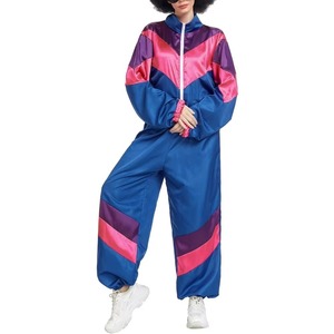 Women's Y2K Color Blocked Satin <b>Jumpsuit</b> Full Sleeve Stand Collar Loose Fit Sport Wear One Piece Outfit - Product Image 1