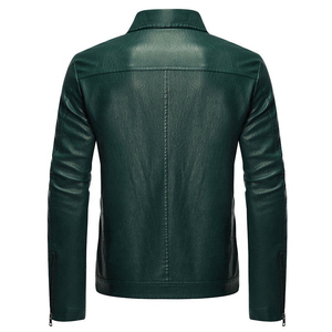Veste de moto pour homme en cuir véritable vert, imperméable, écologique, col montant, fermeture éclair, coupe ajustée, couleur unie, longueur standard - Product Image 2
