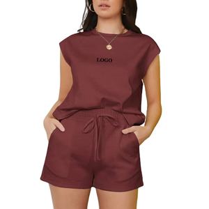 Conjunto de dos piezas de moda para mujer, último diseño, Top de Color sólido y pantalones cortos con cordón para mujer, ropa deportiva sin mangas para gimnasio - Product Image 1