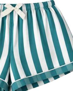 Conjunto de pijama para mujer a rayas azul verdoso y blanco, de manga corta, con botones, de satén, de dos piezas, para dormir y descansar. - Product Image 6