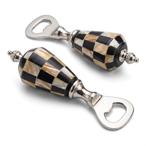 Ouvre-bouteille de luxe artisanal en nacre, en acier inoxydable de qualité supérieure, motif damier noir et blanc, outil de bar décoratif pour bière - Product Image 1