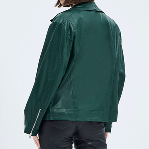 Veste moto en cuir vert pour femme, en peau de mouton, col montant, fermeture éclair, coupe classique, style hiver - Product Image 3