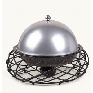 Olla Redonda Única de Acero Inoxidable con Soporte de Malla de Alambre de Hierro y Tapa de Cúpula Plateada, Calentador de Alimentos para Hostelería y Catering - Product Image 1