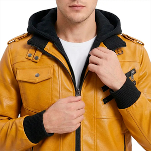 Blouson en cuir personnalisé pour homme, noir, en peau de mouton, à capuche, léger, rembourré, élégant, lisse, décontracté, côtelé - Product Image 4
